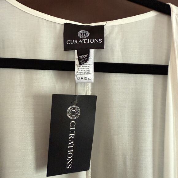 CURATIONS | Black Red and White Fringe Trimmed Kimono Swim cover up | 2x - 3X - Picture 3 of 6